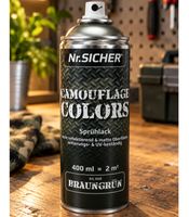 Vernice spray mimetica Nr. Sicher CAMOUFLAGE COLORS, opaca, antiriflesso, resistente agli agenti atmosferici e ai raggi UV, 400 ml per un massimo di 2 m² **Articolo di seconda scelta - Testato** in marrone-verde