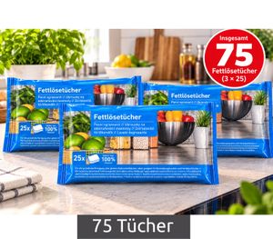 Lot de 75 lingettes dégraissantes humides (3 x 25) pour toutes les surfaces lisses de la cuisine **Produit de seconde main – Contrôlé** (blanc)
