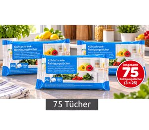 Paquete de 75 toallitas húmedas para refrigerador (3 x 25) para una limpieza higiénica de la cocina y el refrigerador. **Producto de segunda mano – Inspeccionado** Color blanco