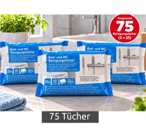 Lot de 75 lingettes nettoyantes humides pour salle de bain et toilettes (3 x 25), anticalcaire et parfum framboise **Produit de seconde main – Contrôlé**, blanches