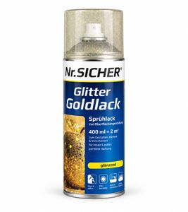 Nr. Sicher Glitter Goldlack Sprühlack 400ml für bis zu ca. 2m² glänzend, lichtbeständig & schnelltrocknend **B-Ware – geprüft** in Gold
