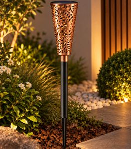 Schöne Solar-Stecker aus Metall, Glas und Kunststoff für Außen, LED Gartenlampe mit Erdspieß ca. 44 cm **B-Ware – geprüft** Kupfer