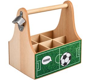 Porte-bouteilles en bois avec 6 compartiments et décapsuleur – Motif football **Grade B – inspecté** Marron/Vert