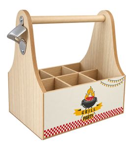 Porte-bouteilles en bois avec 6 compartiments et décapsuleur – Motif barbecue **Article de seconde main – vérifié** Marron/Blanc