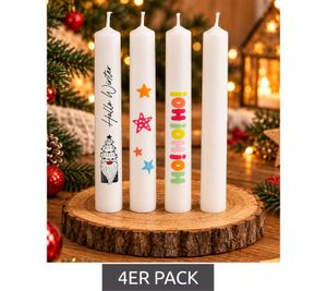 4er Pack Tattoo-Stumpenkerze aus Wachs mit 40 verschiedenen Weihnachtsmotiven zum Aufbringen Deko-Kerze 2 × 19,5 cm Weiß