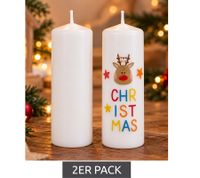 2er Pack Tattoo-Stumpenkerze aus Wachs mit 27 verschiedenen Weihnachtsmotiven zum Aufbringen Deko-Kerze ca. 12 × 5,7 cm Weiß