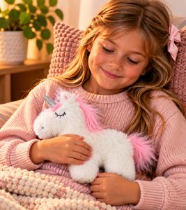 Coussin chauffant ESK en noyaux de cerises, motif licorne adorable, blanc