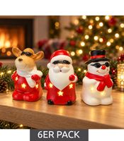 Set of 6 Christmas LED Figures – Santa Claus, Reindeer, and Snowman; warm white light; 3 assorted colorful designs Random design (approx. 10 cm); batteries included.