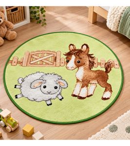 Waschbarer baby best Kinderteppich mit liebevollem Bauernhof-Motiv Teppich ca. Ø 90 cm Hellgrün/Braun/Weiß