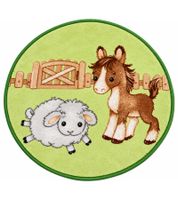 Waschbarer baby best Kinderteppich Pferd & Schaf in liebevollem Bauernhof-Motiv Teppich ca. Ø 90 cm Hellgrün/Braun/Weiß