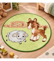 Waschbarer baby best Kinderteppich Pferd & Schaf in liebevollem Bauernhof-Motiv Teppich ca. Ø 90 cm Hellgrün/Braun/Weiß