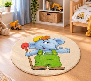 Baby Best Kinderteppich mit Elefant-Motiv auf Baustelle Ø90cm aus 100% Polyamid, strapazierfähig, pflegeleicht & rutschhemmend Mehrfarbig