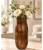 Decorative glass vase with fine ribbed texture – elegant flower vase for bouquets and branches, 25.5 × 11.5 cm in brown