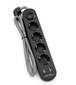 CET 4-Way Schuko Power Strip 1.5m with 2x USB-A, Switch & Textile Cable, max. 3680W in Black