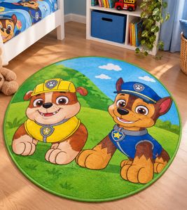 Waschbarer nickelodeon PAW Patrol Kinderteppich mit den beliebten PAW Patrol Charakteren Chase und Rubble Kinderzimmer-Teppich ca. Ø 90 cm Grün/Blau/Braun