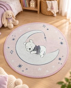 Disney Kinderteppich mit Winnie the Pooh-Motiv auf Mond mit Sternen Ø90cm Teppich aus 100% Polyamid, strapazierfähig, pflegeleicht & rutschhemmend Lila