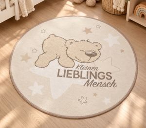 baby best kleiner Lieblingsmensch Teddybär Kinderteppich Ø90cm Teppich aus 100% Polyamid, strapazierfähig, pflegeleicht & rutschhemmend Kinderzimmer-Teppich Hellbraun