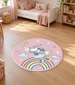 Disney Kinderteppich mit Minnie Mouse-Motiv Ø90cm Teppich aus 100% Polyamid, strapazierfähig, pflegeleicht & rutschhemmend in Bunt