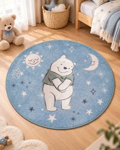 Disney Kinderteppich mit Winnie the Pooh-Motiv mit Sonne, Mond & Sternen Ø90cm Teppich aus 100% Polyamid, strapazierfähig, pflegeleicht & rutschhemmend Blau
