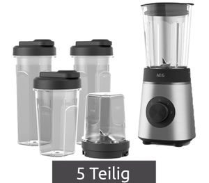 AEG Standmixer mit 3 Flaschen zum Mitnehmen & Zerkleinerer CB4-1-6ST Deli 4 Standmixer Edelstahl (350 Watt, 0.92 l) **B-Ware – geprüft** Silber/Schwarz