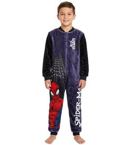 Marvel Spider-Man Kinder-Jumpsuit mit großem Spider-Man-Motiv Overall-Anzug mit Teddy-Fell Schwarz/Navy