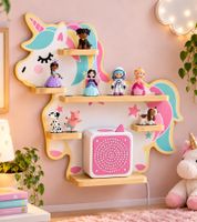Kinder Einhorn-Regal bis zu 15 Figuren Musikbox-Regal im Einhorn-Design ca. 46,5 x 49 x 15,5 cm **B-Ware – geprüft** Weiß/Rosa/Blau