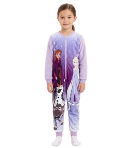 Disney FROZEN Kinder-Jumpsuit mit Anna, Elsa, Olaf und Sven Motiv Overall-Anzug mit Teddy-Fell Lila