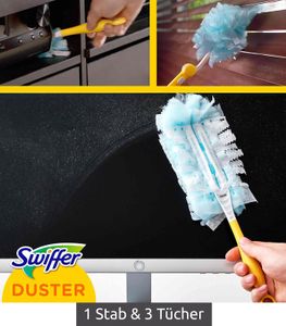 Swiffer 1 Stab & 3 Tücher Duster Starter Staubmagnet Wiederverwendbarer 1x Staubmagnet Griff & 3x Nachfülltücher **B-Ware – geprüft** in Gelb/Blau