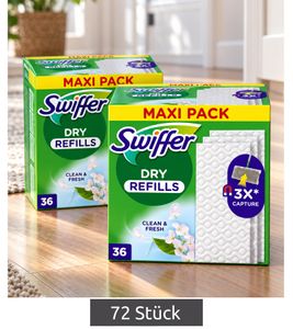 72 Swiffer Dry Refills Bodentücher DOUBLE MAXI PACK, Clean & Fresh Nachfülltücher, elektrostatische Staubtücher für harte Böden **B-Ware – geprüft** Dry Refills in Weiß