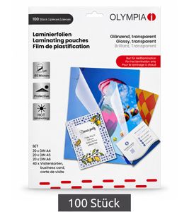 100 Stück Laminierfolien-Set von Olympia für DIN A4, A5, A6 & Visitenkarten, 80 Micron, glänzend & transparent für Heißlamination Weiß