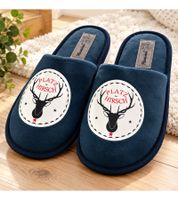 PLATZHIRSCH Kuschelige Herren Camprella Hausschuhe mit Hirsch-Motiv aus bequemer Mikrofaser Innenausstattung Hausslipper Pantoffeln Dunkelblau