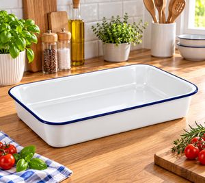 Rechteckige Kitease Emaille-Auflaufform ca. 35 × 25 × 6,5 cm 3-fach emailliertes Metall ofenfest bis 250°C **B-Ware – geprüft** Weiß