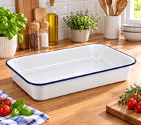 Rechteckige Kitease Emaille-Auflaufform ca. 35 × 25 × 6,5 cm 3-fach emailliertes Metall ofenfest bis 250°C **B-Ware – geprüft** Weiß