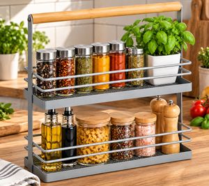 2-Tier Storage Stand (Metal & Bamboo) for Kitchen/Bathroom – Approx. 34 × 24.5 × 10.5 cm **B-Stock – Inspected** – Grey