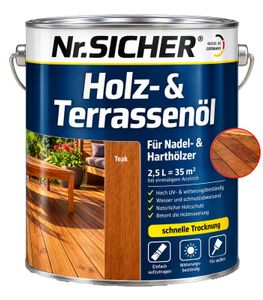Olio per legno e terrazze "Nr. Sicher" (2,5 L) – per legni teneri e duri, resa fino a 35 m², tonalità Teak Brown **Prodotto di seconda scelta (B-Ware) – controllato**
