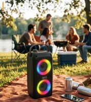 Altavoz Bluetooth portátil Denver BTV-230 con 5 efectos de luz LED y función de karaoke; alcance Bluetooth de hasta 10 m; dimensiones aprox. 15,4 × 34,2 × 14,4 cm. **Producto reacondicionado (B-Stock) – verificado** | Color: Negro