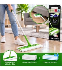 Praktischer Swiffer Bodenwischer inklusive Stiel, 4 Trockentüchern & 2 Feuchttüchern – 3D-Fasern – B-Ware – geprüft – Grün