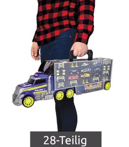 Dickie Toys 28-teiliges Polizeiauto-Transporter mit Tragegriff – Polizei-LKW mit Platz für 42 Spielzeugautos, inkl. 8 Autos, 1 Helikopter & Zubehör **B-Ware – geprüft** Blau