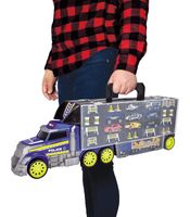 Dickie Toys 28-teiliges Polizeiauto-Transporter mit Tragegriff – Polizei-LKW mit Platz für 42 Spielzeugautos, inkl. 8 Autos, 1 Helikopter & Zubehör **B-Ware – geprüft** Blau