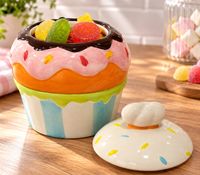 Muffin Vorratsdose aus Keramik mit Deckel – Dekorative Aufbewahrungsdose im Cupcake-Design für Süßigkeiten, Kekse & Gebäck – Ø 20 x 13 cm **B-Ware – geprüft** Bunt
