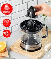 GOURMETmaxx Elektrische Zitruspresse mit 700 ml Saftbehälter – Saftpresse mit 2 Pressaufsätzen & 2-Wege-Rotation für Früchte **B-Ware – geprüft** Saftpresse Schwarz/Silber