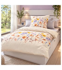 Renforcé Wende-Bettwäsche-Garnitur Bettwäsche-Set aus Baumwolle mit Blumenmuster bestehend aus Kopfkissen- (80x80cm) und Bettdecken-Bezug (135x200cm) Baumwoll-Bettgarnitur Creme/Beige