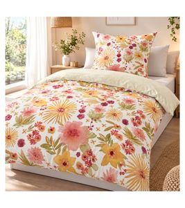 Renforcé Wende-Bettwäsche-Garnitur Bettwäsche-Set aus Baumwolle mit Blumenmuster bestehend aus Kopfkissen- (80x80cm) und Bettdecken-Bezug (135x200cm) Baumwoll-Bettgarnitur Weiß/Bunt