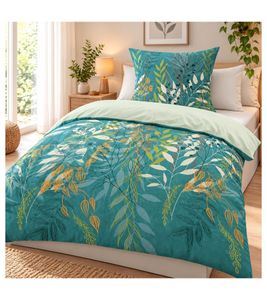 Renforcé Wende-Bettwäsche-Garnitur Bettwäsche-Set aus Baumwolle mit botanischem Blätter- und Pflanzenmuster bestehend aus Kopfkissen- (80x80cm) und Bettdecken-Bezug (135x200cm) Baumwoll-Bettgarnitur Grün