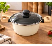 Ø 20cm Vitrinor Emaille Kochtopf mit Glasdeckel für alle Herdarten Antihaftbeschichtung **B-Ware – geprüft** in Creme / Beige