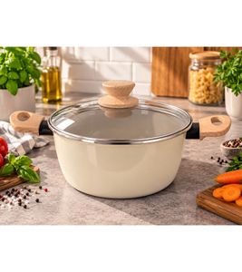 24 cm Vitrinor Emaille Kochtopf mit Glasdeckel Fleisch-Topf mit Antihaftbeschichtung Made in Spain **B-Ware – geprüft** Creme-Weiß