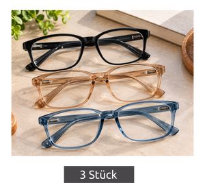 Set of 3 ready-to-wear reading glasses, +1.50 diopters – **B-stock (inspected)** – Colors: Black/Transparent, Beige/Transparent, Blue/Transparent