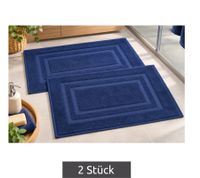 Lot de 2 tapis de bain en éponge pur coton avec motif cadre, env. 50 × 75 cm, bleu foncé