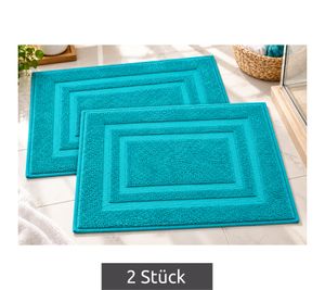 Lot de 2 tapis de bain en éponge pur coton avec motif encadré, env. 50 × 75 cm, bleu turquoise