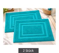 Lot de 2 tapis de bain en éponge pur coton avec motif encadré, env. 50 × 75 cm, bleu turquoise
